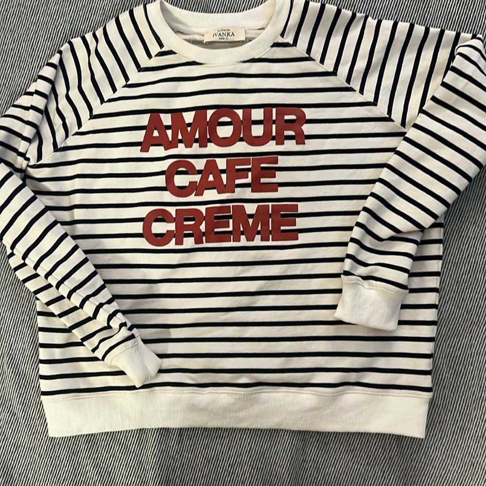 AMOUR CAFE CREME Print Crewneck Striped Sweatshirt Large White/Black
